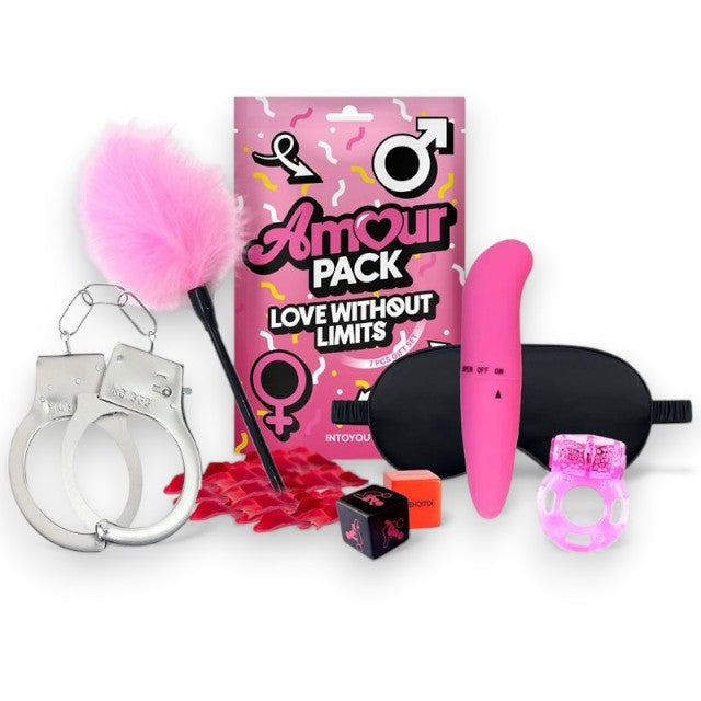 Set erotic AMOUR PACK Love Without Limits, cu stimulator, inel pentru penis vibrator, mască, cătușe, zaruri, pană pentru stimulare și petale, pentru cupluri 1 Set erotic AMOUR PACK Love Without Limits, cu stimulator, inel pentru penis vibrator, mască, cătușe, zaruri, pană pentru stimulare și petale, pentru cupluri