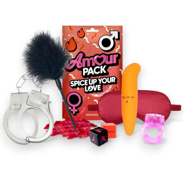 Set erotic AMOUR PACK Spice Up Your Love, cu stimulator, inel pentru penis vibrator, mască, cătușe, zaruri, pană pentru stimulare și petale, pentru cupluri 1 Set erotic AMOUR PACK Spice Up Your Love, cu stimulator, inel pentru penis vibrator, mască, cătușe, zaruri, pană pentru stimulare și petale, pentru cupluri