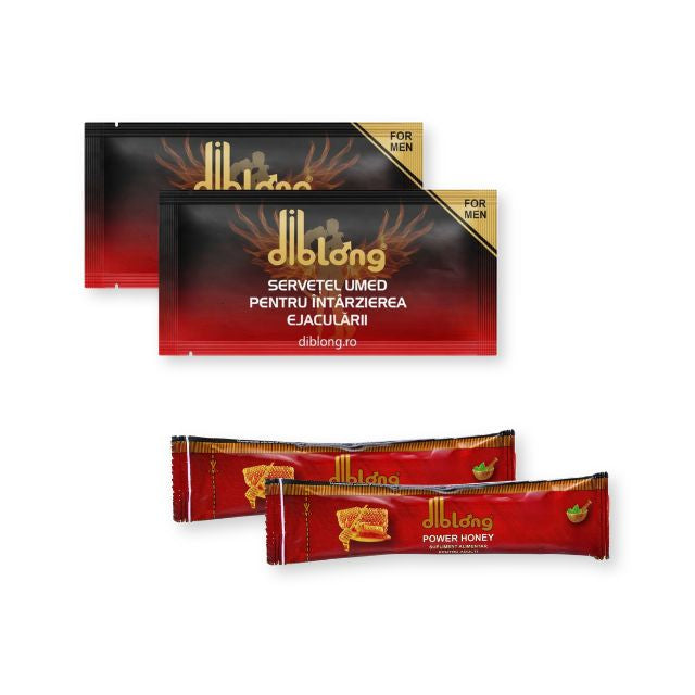 Pachet pentru bărbați: Supliment alimentar cu miere DIBLONG Power Honey, 15g, 2 buc + Șervețel DIBLONG Delay Wipe, 2 buc