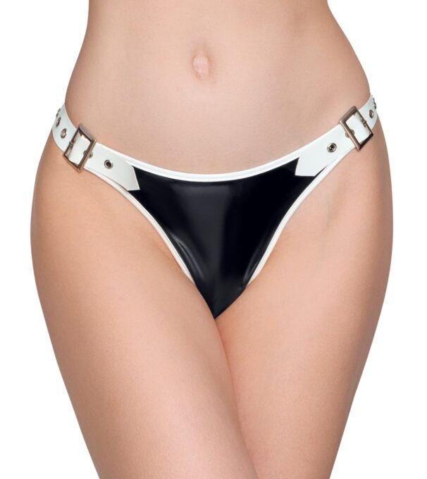 Bikini Sexy din Vinil cu Catarame, Negru/Alb, M 1 Bikini Sexy din Vinil cu Catarame, Negru/Alb, M