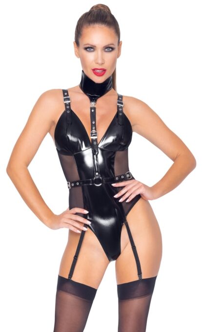 Body din Vinil cu Choker si cu Insertii din Tulle, Negru, M 1 Body din Vinil cu Choker si cu Insertii din Tulle, Negru, M