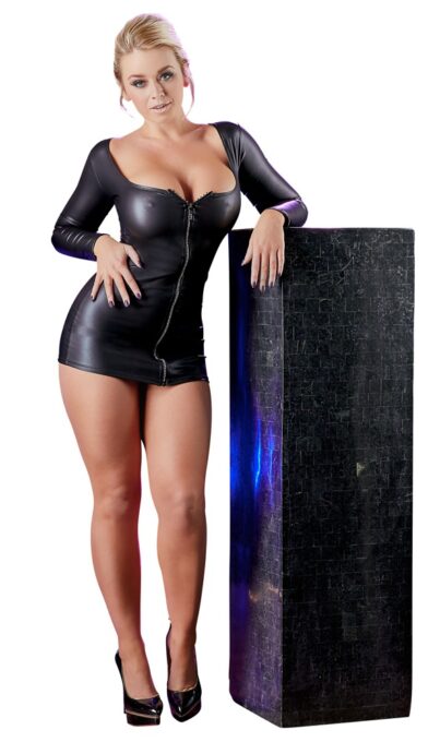 Rochie cu Fermoar cu Cristale, Piele Ecologica, Negru, S 1 Rochie cu Fermoar cu Cristale, Piele Ecologica, Negru, S