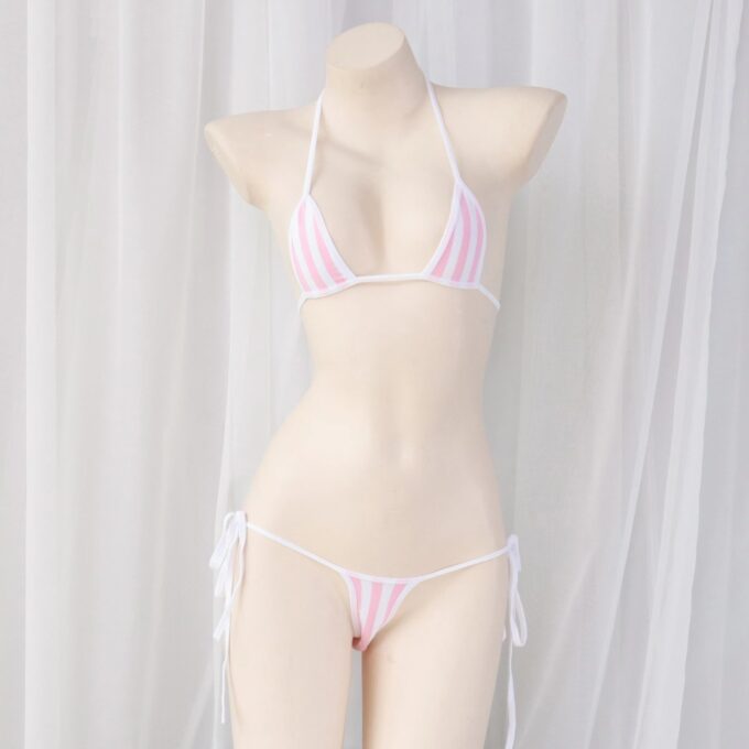 Set Lenjerie 2 Piese cu Dungi, Alb-Roz, S-L 1 Set Lenjerie 2 Piese cu Dungi, Alb-Roz, S-L