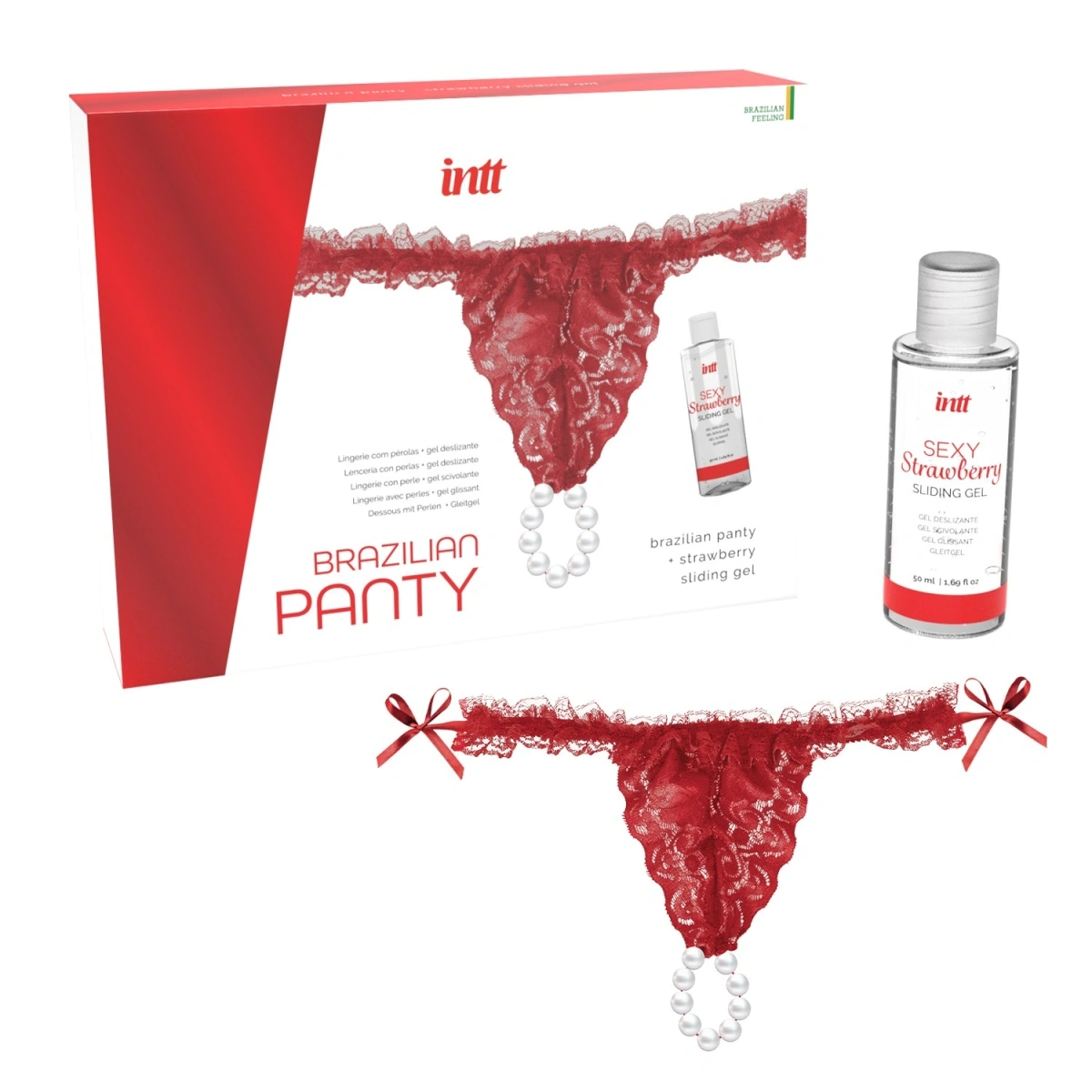 Set Bikini din Dantela Rosie cu Perle si Lubrifiant Aroma Capusini 50 ml