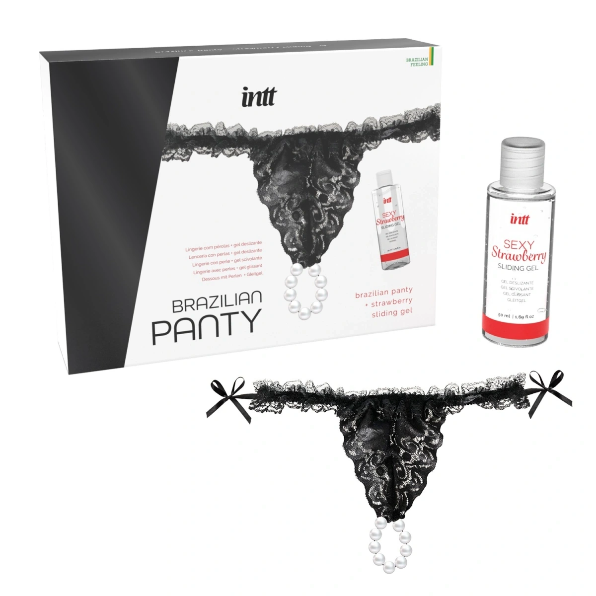 Set Bikini din Dantela Neagra cu Perle si Lubrifiant Aroma Capusini 50 ml