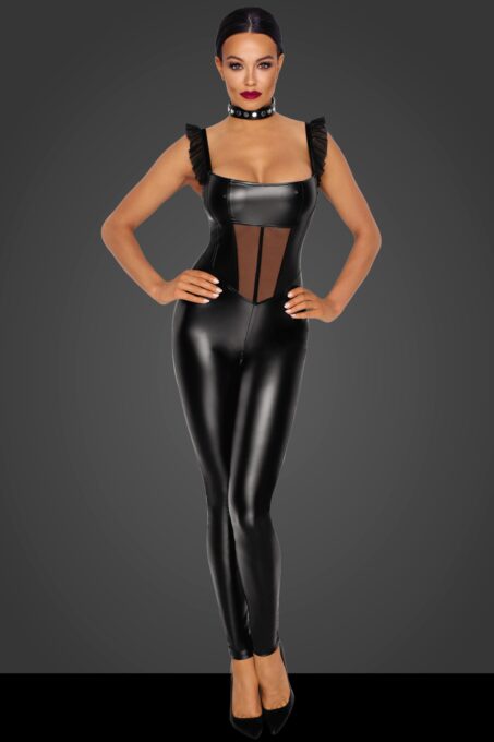 Catusit Crotchless Overall Powerwetlook cu Insertii Tulle si Volanse M 1 Catusit Crotchless Overall Powerwetlook cu Insertii Tulle si Volanse M