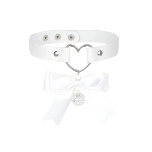 Choker Heart cu Fundita si Clopotel, Alb, Mokko Toys 1 Choker Heart cu Fundita si Clopotel, Alb, Mokko Toys