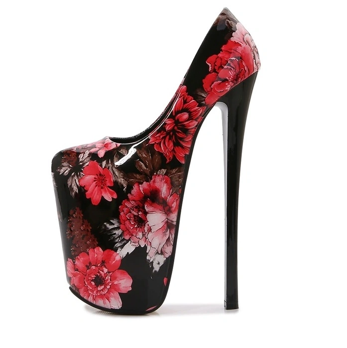 Pantofi Foarte Inalti Design Floral, Rosu/Negru, Marime 39