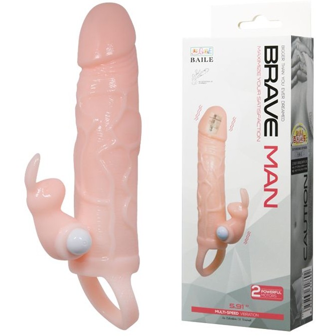 Prelungitor Penis Brave Man cu Vibratii, TPR, Natural, 16.4 cm 1 Prelungitor Penis Brave Man cu Vibratii, TPR, Natural, 16.4 cm