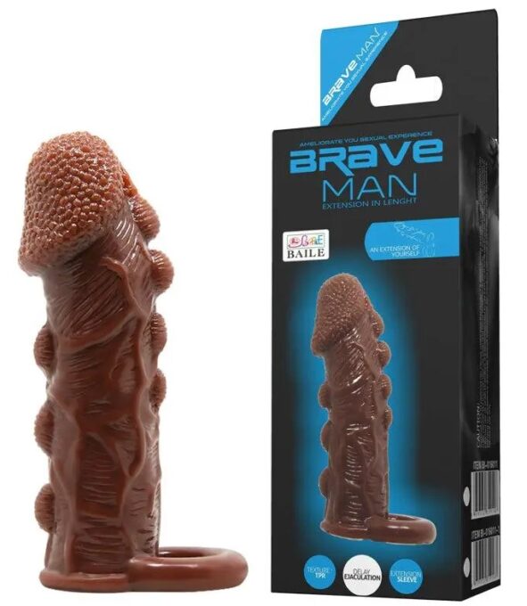 Prelungitor Penis Brave Man Extra Stimulator, Maro Inchis, 14 cm 1 Prelungitor Penis Brave Man Extra Stimulator, Maro Inchis, 14 cm