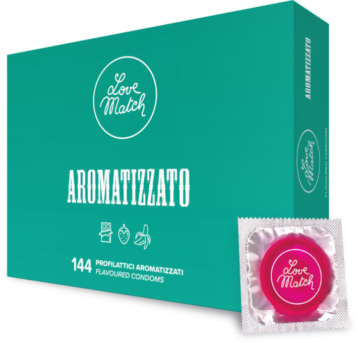 Prezervative LOVE MATCH Aromatizzato, din latex, cu arome de ciocolată, căpșuni și banane, diametru 53 mm, 144 buc