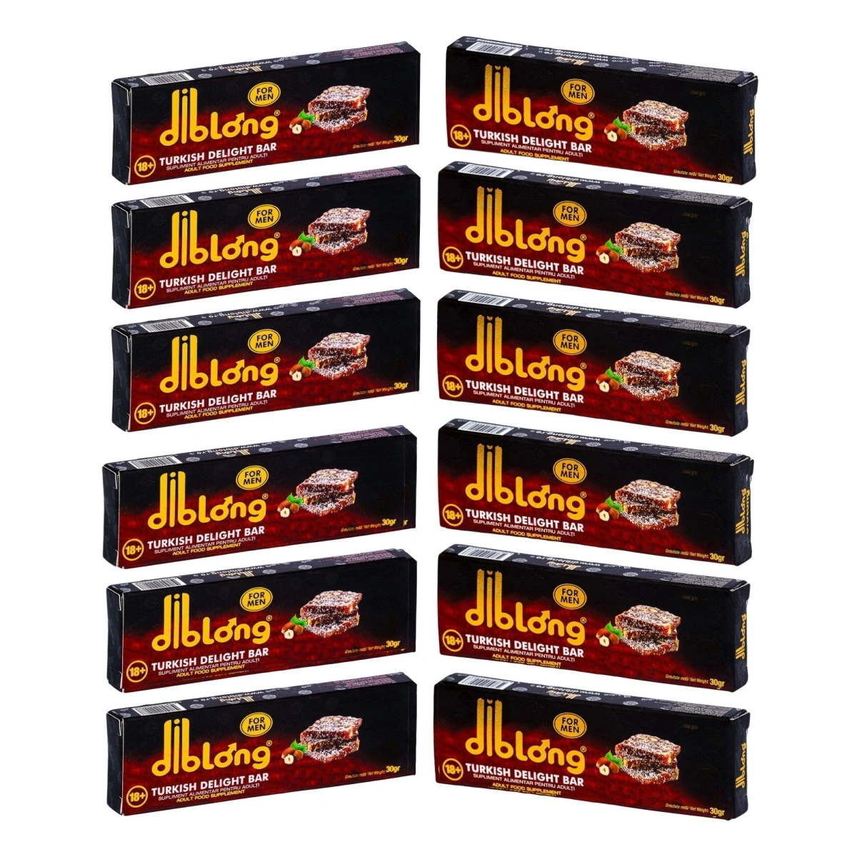 Set 12 bucati-Supliment alimentar  DIBLONG Turkish Delight Bar pentru barbati pe baza de rahat turcesc, cu plante care sustin sanatatea sexuala si functia de reproducere, 12x30g