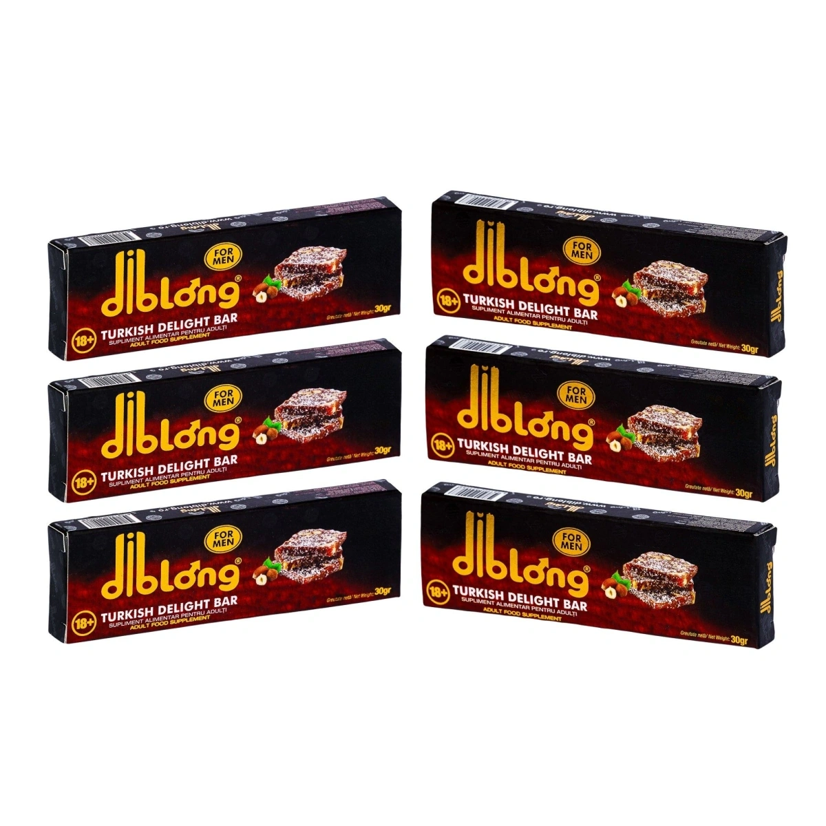 Set 6 bucati-Supliment alimentar  DIBLONG Turkish Delight Bar pentru barbati pe baza de rahat turcesc, cu plante care sustin sanatatea sexuala si functia de reproducere, 6x30g