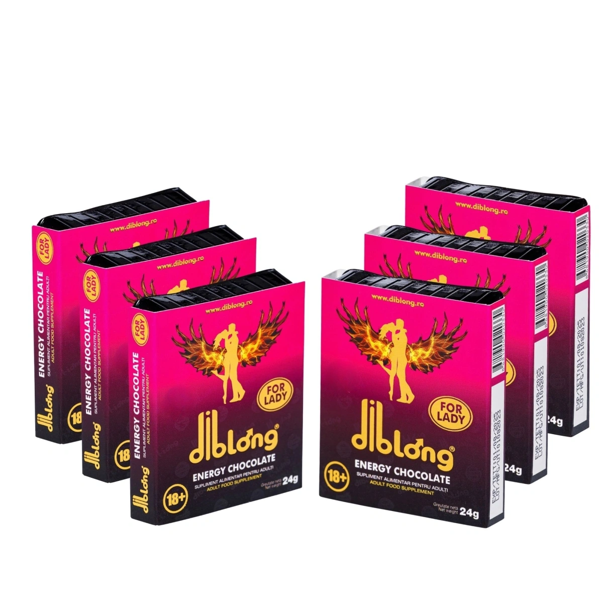Set 6 bucati-Supliment alimentar Diblong Energy Chocolate pentru femei pe baza de ciocolata, cu plante care sustin sanatatea sexuala si recapatarea energiei, 6 x 24g
