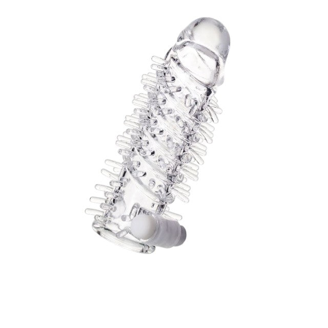 Manșon A-TOYS Fril, cu mini vibrator, pentru extensia și îngroșarea penisului, texturat, cu striații, transparent, 13.4 cm 1 Manșon A-TOYS Fril, cu mini vibrator, pentru extensia și îngroșarea penisului, texturat, cu striații, transparent, 13.4 cm