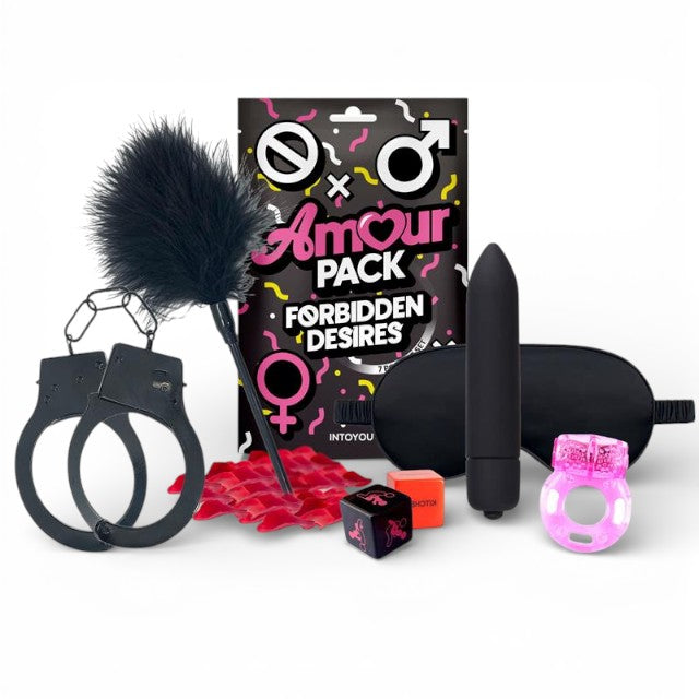 Set erotic AMOUR PACK Forbidden Desire, cu stimulator, inel pentru penis vibrator, mască, cătușe, zaruri, pană pentru stimulare și petale, pentru cupluri 1 Set erotic AMOUR PACK Forbidden Desire, cu stimulator, inel pentru penis vibrator, mască, cătușe, zaruri, pană pentru stimulare și petale, pentru cupluri
