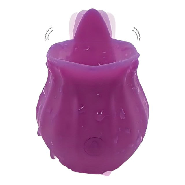 Stimulator clitoris HAPPY MEETING - Rose with Tongue, cu funcție de simulare sex oral, 10 funcții de vibrație, în formă de trandafir, culoarea mov