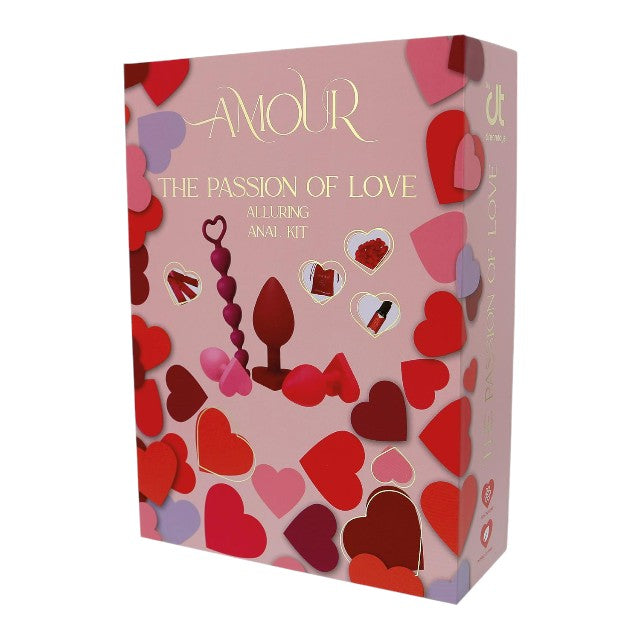Set DREAMTOYS Amour The Passion Of Love, set 8 produse, cu 3 dopuri anale, panglică din satin, lubrifiant și petale de trandafir