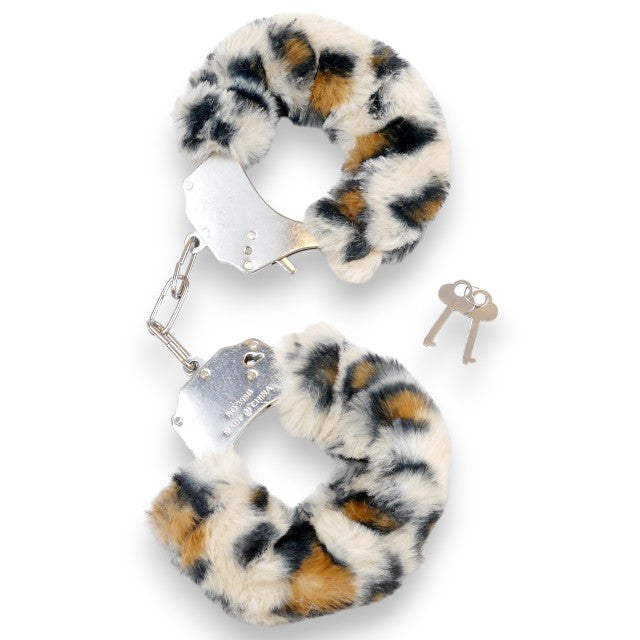Cătușe pufoase B-SERIES Furry Cuffs, pentru jocuri erotice BDSM, din metal cu blană artificială, design leopard cu argintiu 1 Cătușe pufoase B-SERIES Furry Cuffs, pentru jocuri erotice BDSM, din metal cu blană artificială, design leopard cu argintiu