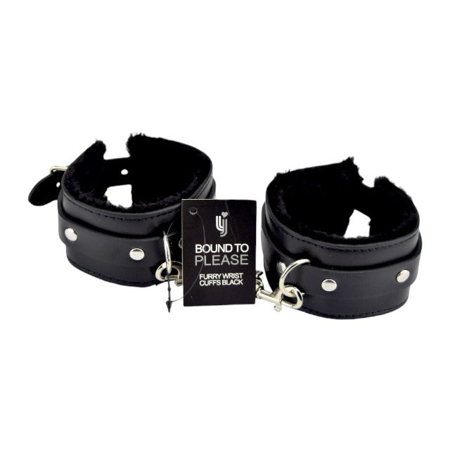 Catuse erotice Bound to Please - Plush Wrist Cuffs, din piele cu puf pentru o purtare conforabila, Neagra 1 Catuse erotice Bound to Please - Plush Wrist Cuffs, din piele cu puf pentru o purtare conforabila, Neagra