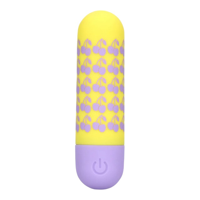 Vibrator bullet S-LINE I Cherryish You, pentru stimularea clitorisului, design cu cireșe, 10 funcții de vibrație, galben cu mov 1 Vibrator bullet S-LINE I Cherryish You, pentru stimularea clitorisului, design cu cireșe, 10 funcții de vibrație, galben cu mov