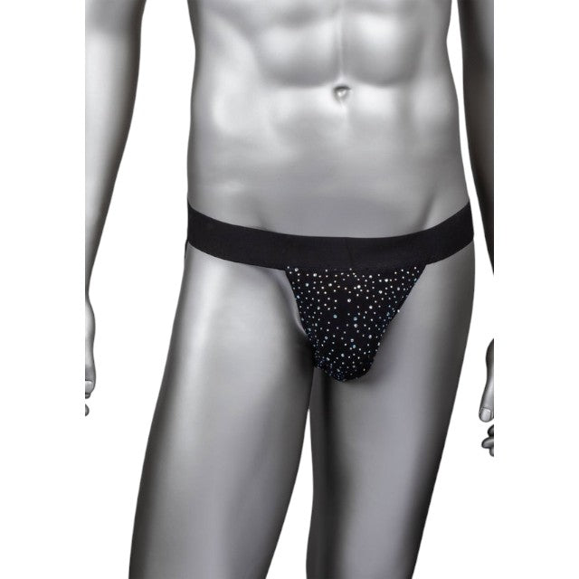 Chilot sexy bărbați CALEXOTICS Radiance Jock Strap, cu benzi subțiri pe fese, design din plasă cu strasuri, negru, mărime universală (40-3)