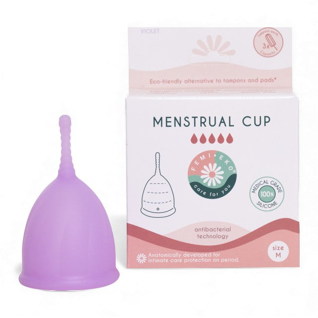 Cupe menstruale FEMI.EKO®, din silicon medical, protecție până la 12 ore, mărime M, mov 1 Cupe menstruale FEMI.EKO®, din silicon medical, protecție până la 12 ore, mărime M, mov