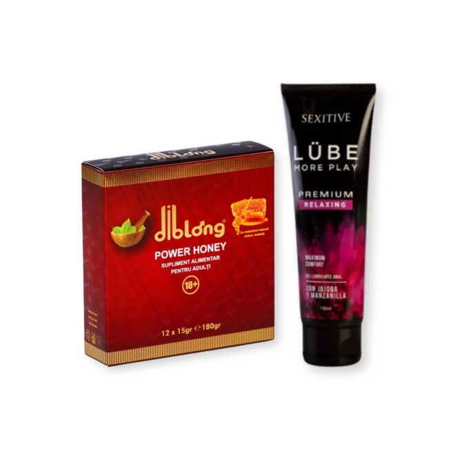 Pachet pentru cupluri: Supliment alimentar cu miere DIBLONG Honey, 12 plicuri x 15 g + Lubrifiant anal SEXITIVE Lube Premium Relaxing, 130 ml