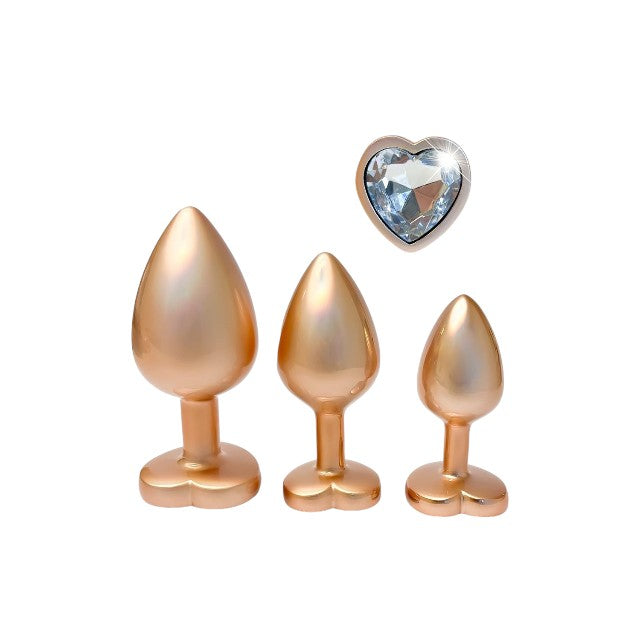 Set plug anal DREAMTOYS Pearl Gold Plug, 3 dopuri de dimensiuni progresive, 7.1 cm - 9.5 cm, cu baze în formă de inimă, auriu 1 Set plug anal DREAMTOYS Pearl Gold Plug, 3 dopuri de dimensiuni progresive, 7.1 cm - 9.5 cm, cu baze în formă de inimă, auriu
