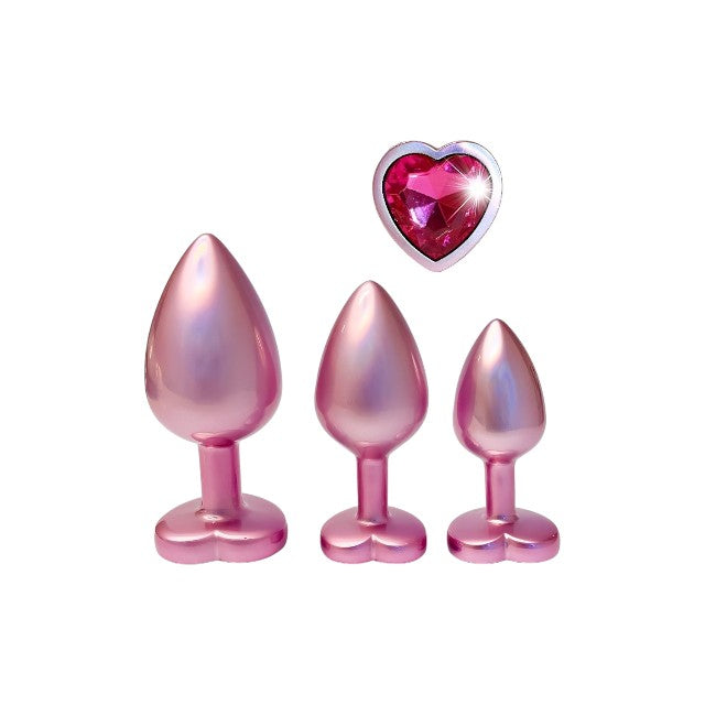 Set plug anal DREAMTOYS Pearl Pink Plug, 3 dopuri de dimensiuni progresive, 7.1 cm - 9.5 cm, cu baze în formă de inimă, roz 1 Set plug anal DREAMTOYS Pearl Pink Plug, 3 dopuri de dimensiuni progresive, 7.1 cm - 9.5 cm, cu baze în formă de inimă, roz