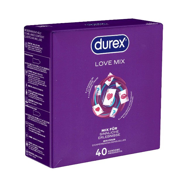 Set prezervative DUREX Love Mix, diverse sortimente, extra subțiri, aromate, texturate și extra lubrifiate, din latex, diametru 56 ± 2 mm, 40 buc