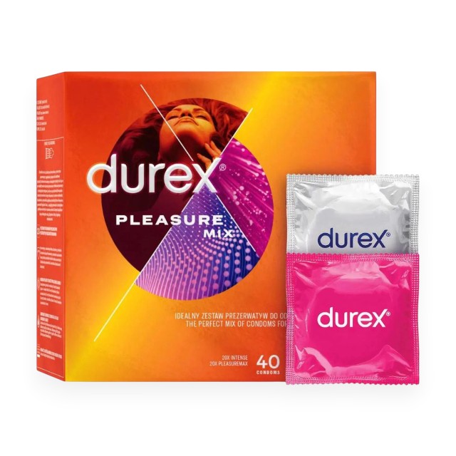 Set prezervative DUREX Pleasure Mix, diverse sortimente stimulatoare, din latex, diametru 56 ± 2 mm, 40 buc