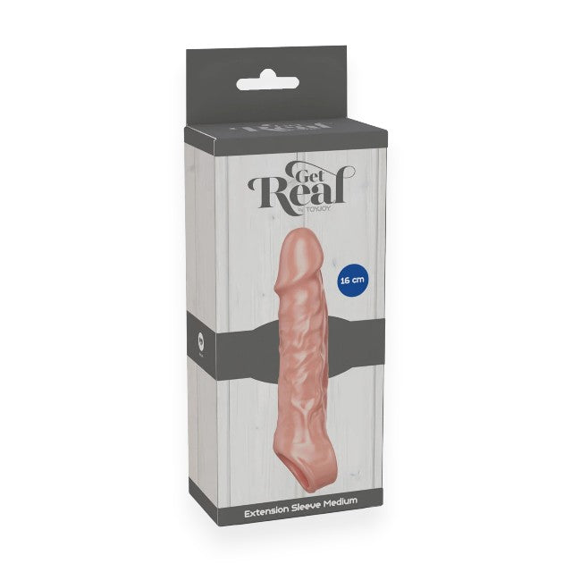 Manșon pentru penis Get Real by TOY JOY, cu inel pentru penis, lungime 16 cm, din material moale TPE, culoarea pielii