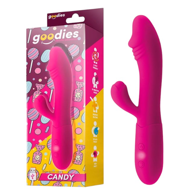 Vibrator rabbit GOODIES Sweetie Pleasures CANDY, cu stimulator dublu, din silicon premium, 10 funcții de vibrație, roz fuchsia 1 Vibrator rabbit GOODIES Sweetie Pleasures CANDY, cu stimulator dublu, din silicon premium, 10 funcții de vibrație, roz fuchsia