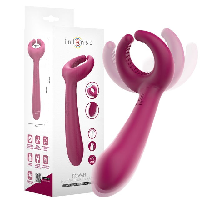 Vibrator pentru cupluri INTENSE Rowan, cu 10 funcții de vibrație, din silicon moale, rezistent la apă, culoare roz închis