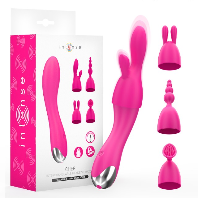 Vibrator INTENSE Cher, cu 20 funcții de vibrație, 4 capete interschimbabile, design ergonomic, rezistent la apă, culoare roz, 18.2 cm 1 Vibrator INTENSE Cher, cu 20 funcții de vibrație, 4 capete interschimbabile, design ergonomic, rezistent la apă, culoare roz, 18.2 cm