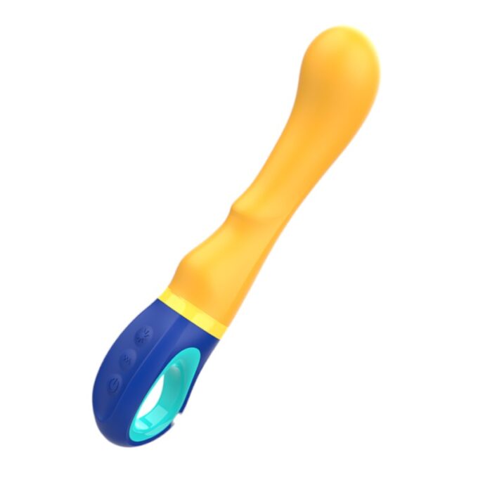 Vibrator INTENSE SHAGGY, design curbat pentru stimularea punctului G, rezistent la apă, lungime inserabilă 12.7 cm, galben cu albastru 1 Vibrator INTENSE SHAGGY, design curbat pentru stimularea punctului G, rezistent la apă, lungime inserabilă 12.7 cm, galben cu albastru
