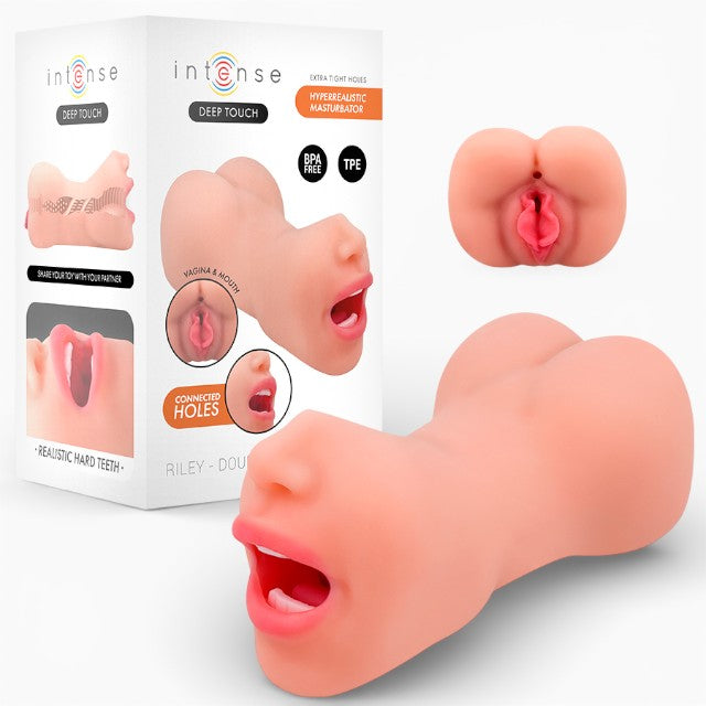 Masturbator manual INTENSE Riley Double, texturat pentru simulare orală și vaginală realistă, culoarea pielii, din TPE, 19 cm