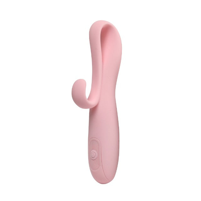 Vibrator cu stimulator INTY TOYS FLARE, din silicon moale, 10 funcții de vibrație, rezistent la apă IPX6, culoare roz 1 Vibrator cu stimulator INTY TOYS FLARE, din silicon moale, 10 funcții de vibrație, rezistent la apă IPX6, culoare roz