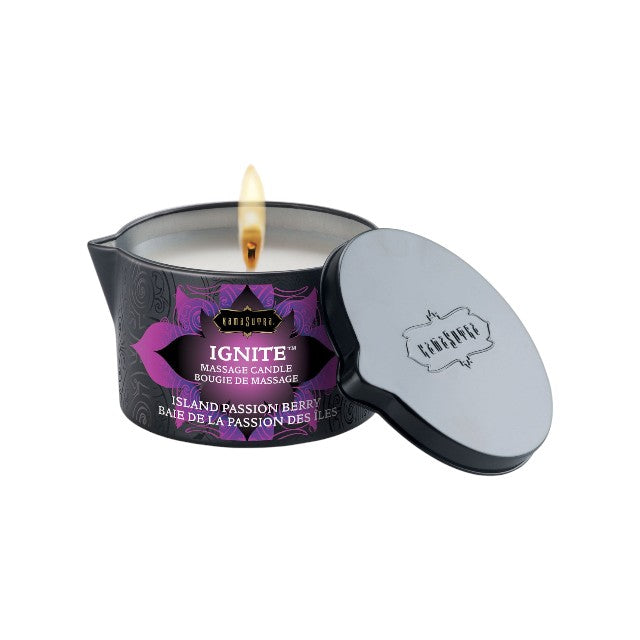 Lumânare pentru masaj KAMASUTRA Ignite Island Passion Berry, aromă de fructul pasiunii și fructe de pădure, 170 gr