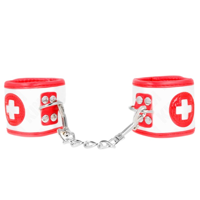 Cătușe sexy asistentă KINK Mini Nurse Wrist Restraints, pentru jocuri erotice, mărime ajustabilă, culoare alb cu roșu 1 Cătușe sexy asistentă KINK Mini Nurse Wrist Restraints, pentru jocuri erotice, mărime ajustabilă, culoare alb cu roșu