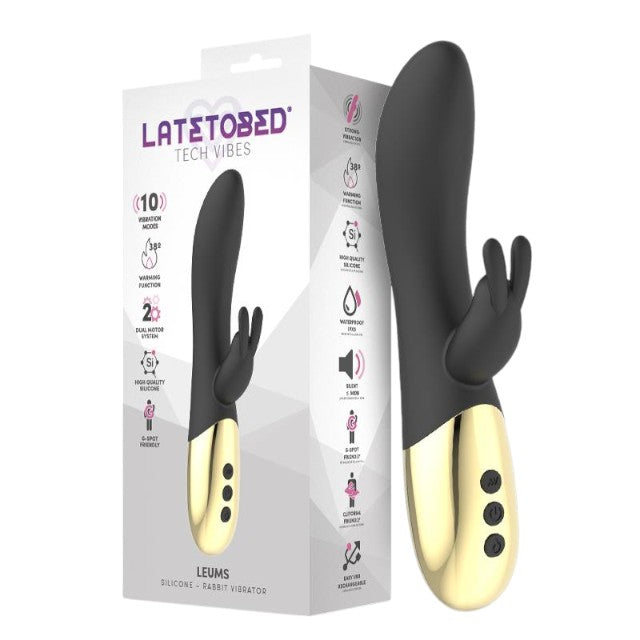 Vibrator LATETOBED Leums Silicone Rabbit, cu stimulator dublu, funcție de încălzire, 10 funcții de vibrație, negru cu auriu 1 Vibrator LATETOBED Leums Silicone Rabbit, cu stimulator dublu, funcție de încălzire, 10 funcții de vibrație, negru cu auriu