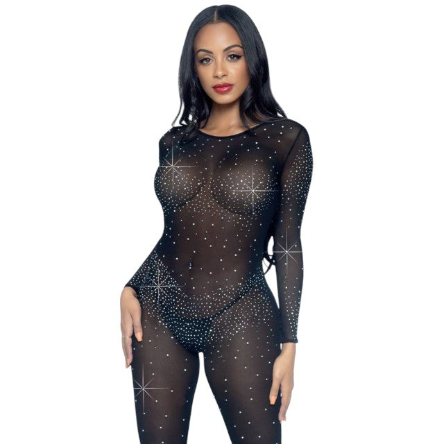 Costum sexy LEG AVENUE Sheer Rhinestone Catsuit, din plasă cu strasuri, cu spate decoltat, negru, mărime M (85636)