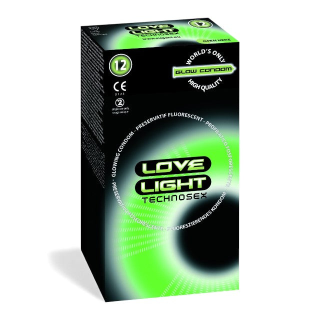 Prezervative LOVE LIGHT TECHNOSEX Glow, din latex, lubrifiate, fosforescente, diametru 52 mm, 12 buc