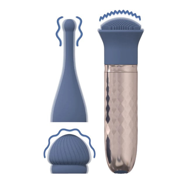 Vibrator LOVELINE The Thrill, cu 3 capete interschimbabile, din silicon premium, 10 funcții de vibrație, culoare albastru 1 Vibrator LOVELINE The Thrill, cu 3 capete interschimbabile, din silicon premium, 10 funcții de vibrație, culoare albastru