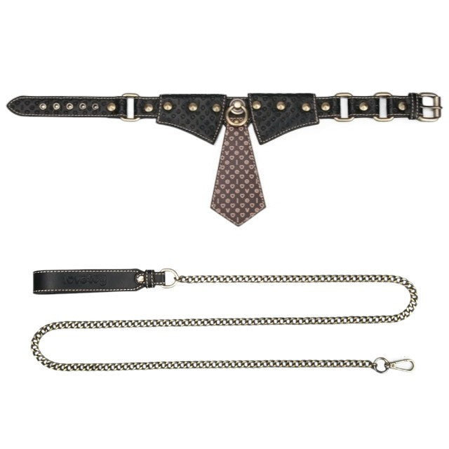 Choker LOVETOY Rebellion Knot Tie Collar, lesă BDSM din piele artificială, cu cravată și lanț auriu, mărime ajustabilă, negru cu maro 1 Choker LOVETOY Rebellion Knot Tie Collar, lesă BDSM din piele artificială, cu cravată și lanț auriu, mărime ajustabilă, negru cu maro