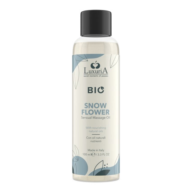 Ulei de masaj LUXURIA Bio Snow Flower, cu uleiuri naturale, fără parabeni, aromă fructată și florală, 100 ml (albastru)