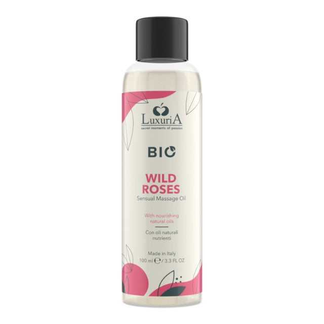 Ulei de masaj LUXURIA Bio Wild Roses, cu uleiuri naturale, fără parabeni, aromă de trandafir, 100 ml (roz)