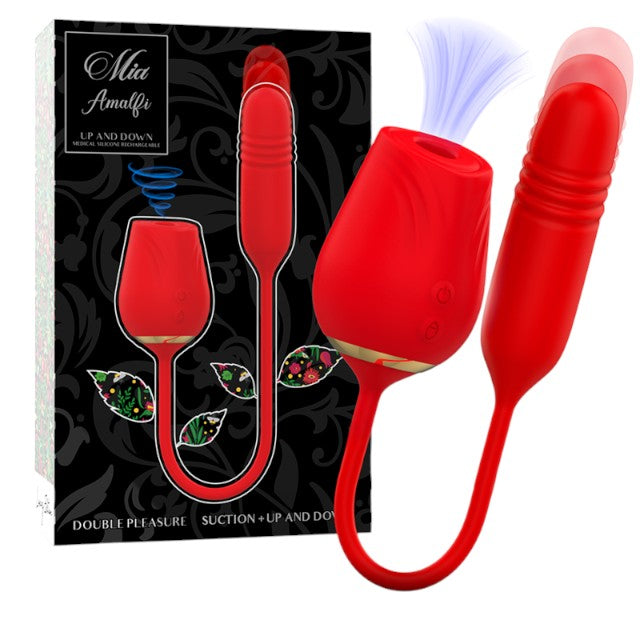 Vibrator MIA Double Pleasure Suction +Up and Down, in forma de trandafir, cu functii de aspirare clitoridiana si miscari sus-jos 1 Vibrator MIA Double Pleasure Suction +Up and Down, in forma de trandafir, cu functii de aspirare clitoridiana si miscari sus-jos