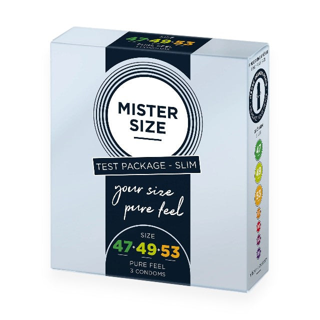 Set 3 prezervative MISTER SIZE Test Set, lubrifiate, din latex, diametru 47/49/53 mm